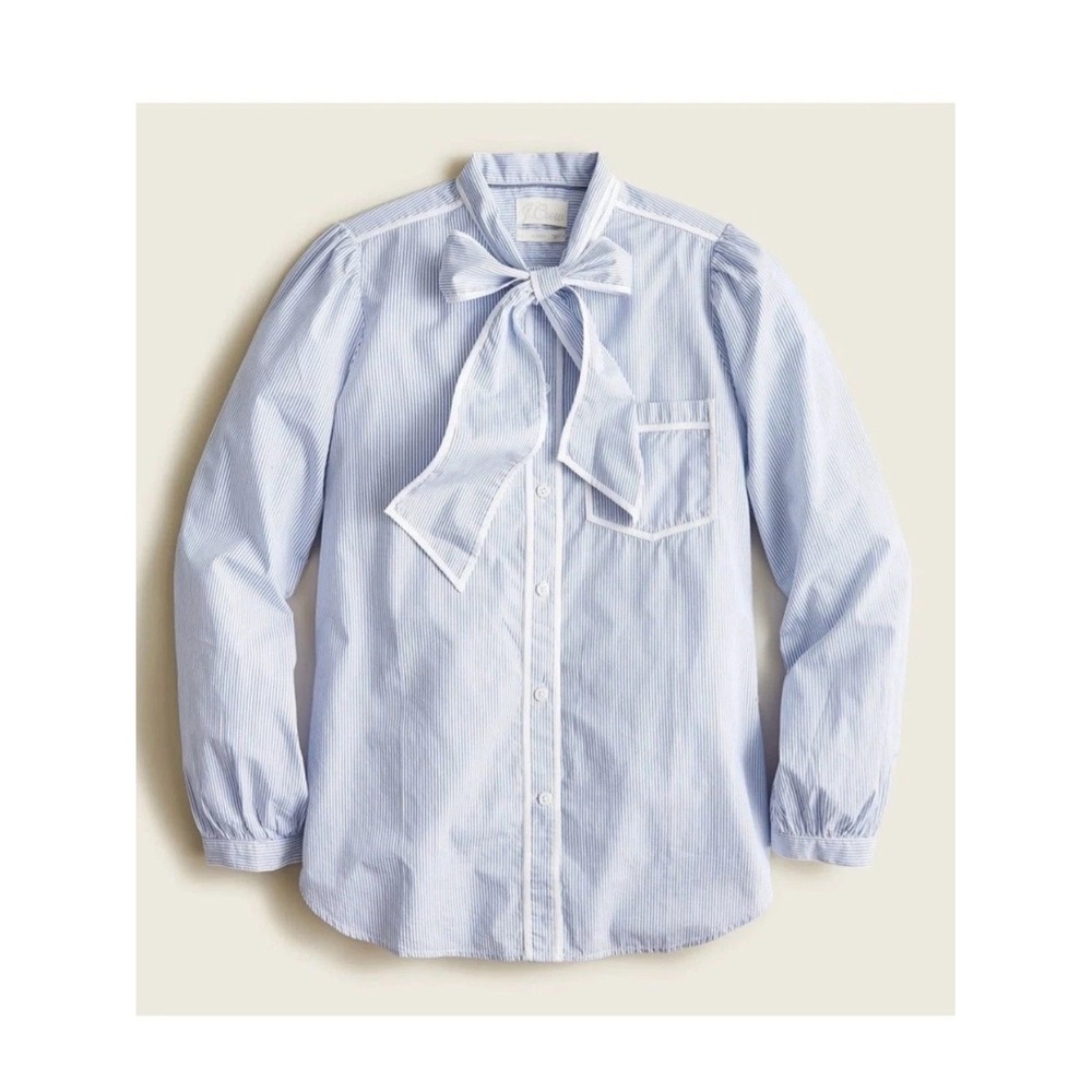 J. Crew Classic Fit Tie Neck Cotton Poplin Shirt Blue Stripe size 4 WMS office